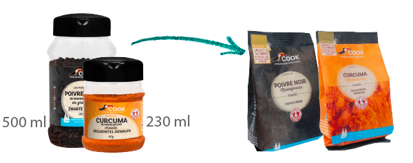 image switch Flacons moyens/grands : 30g de plastique -> sachets : 2g de plastique